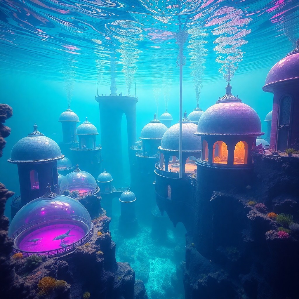 AI generated art for prompt: Craft an image depicting a surreal underwater metropolis with buildings resembling bubble domes, inh