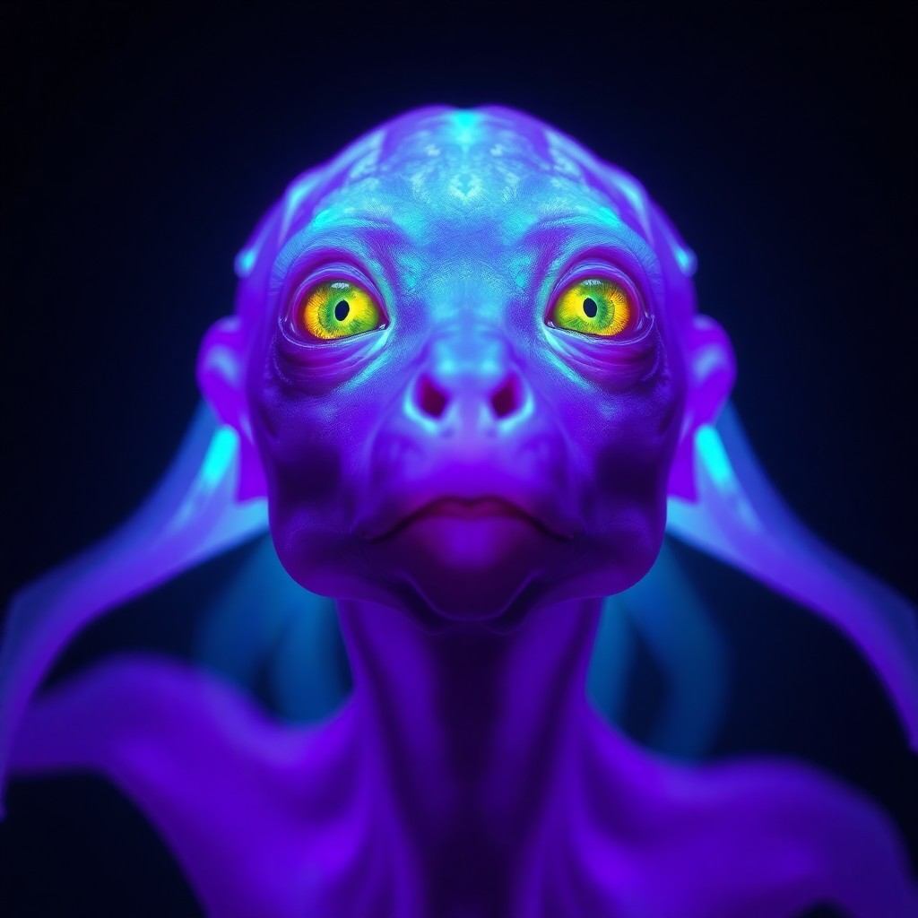 AI generated art for prompt: A surreal digital art portrait depicts an otherworldly creature with luminescent purple skin, remini