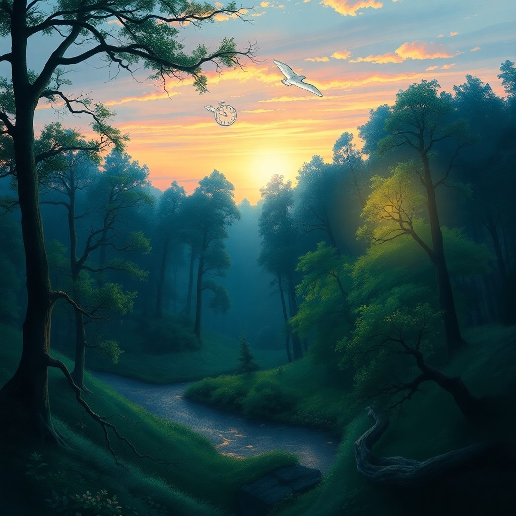 AI generated art for prompt: A digital artwork depicting an enchanting forest glade at twilight, seamlessly merging impressionist