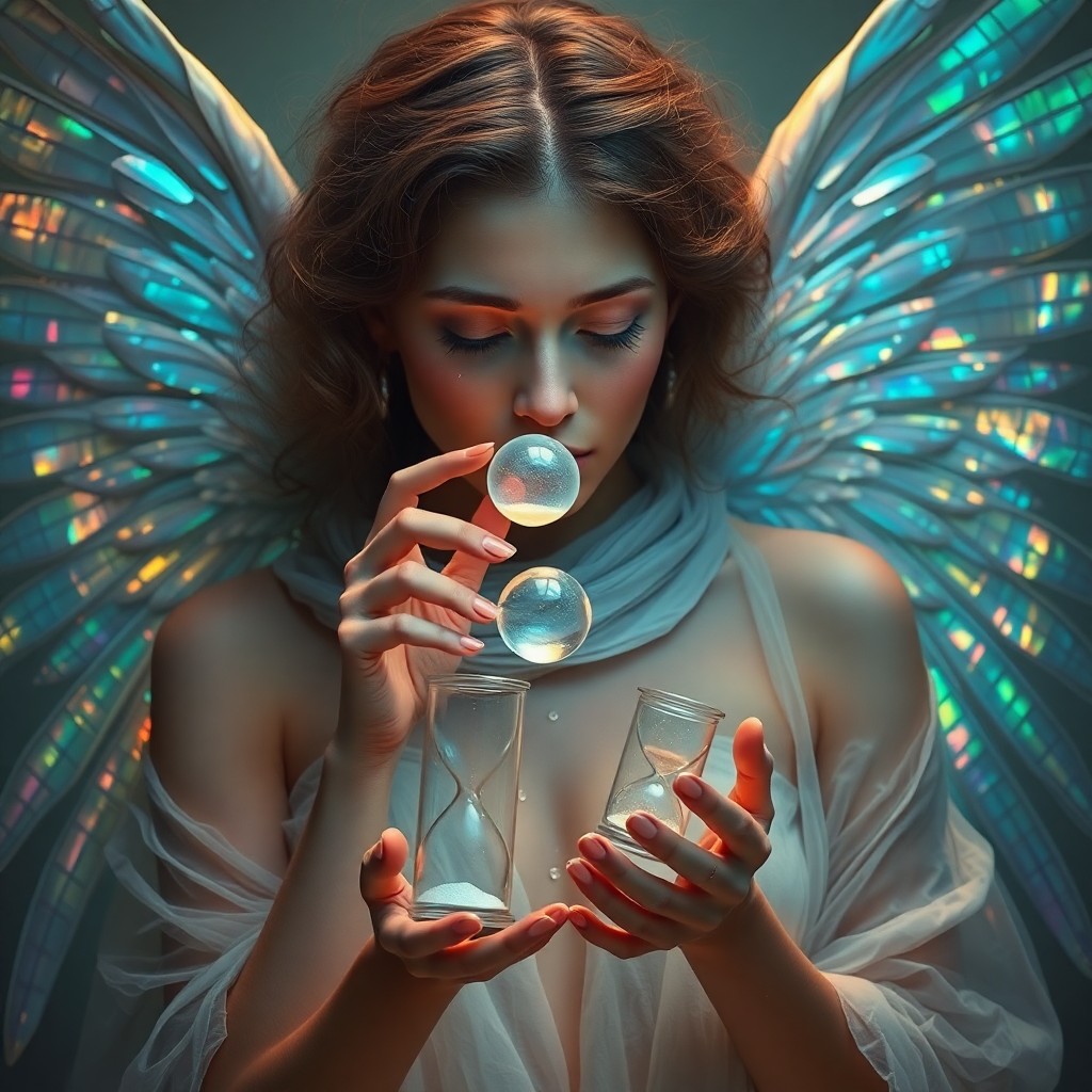 AI generated art for prompt: An alluring portrait depicting an ethereal being draped in iridescent wings, rendered in a surrealis