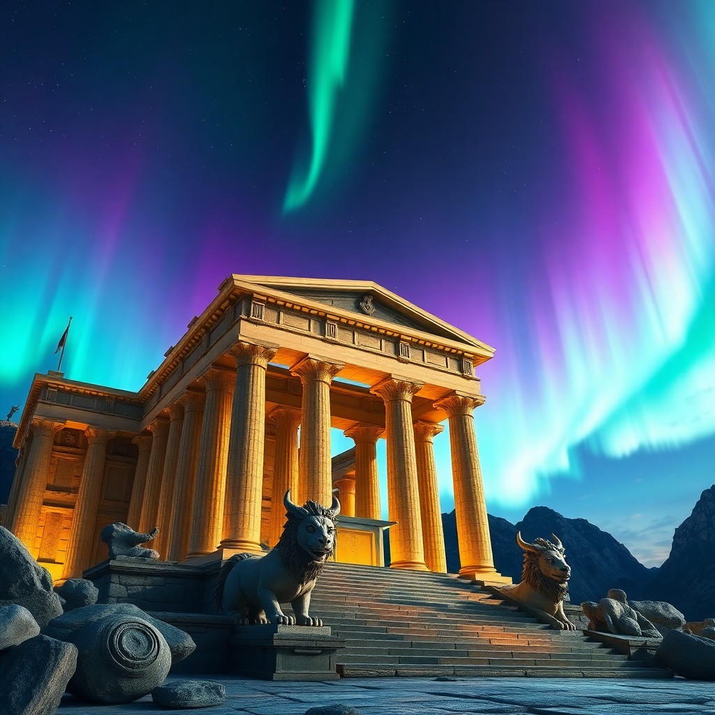 AI generated art for prompt: An intricate digital artwork portrays an awe-inspiring ancient temple illuminated by dazzling aurora