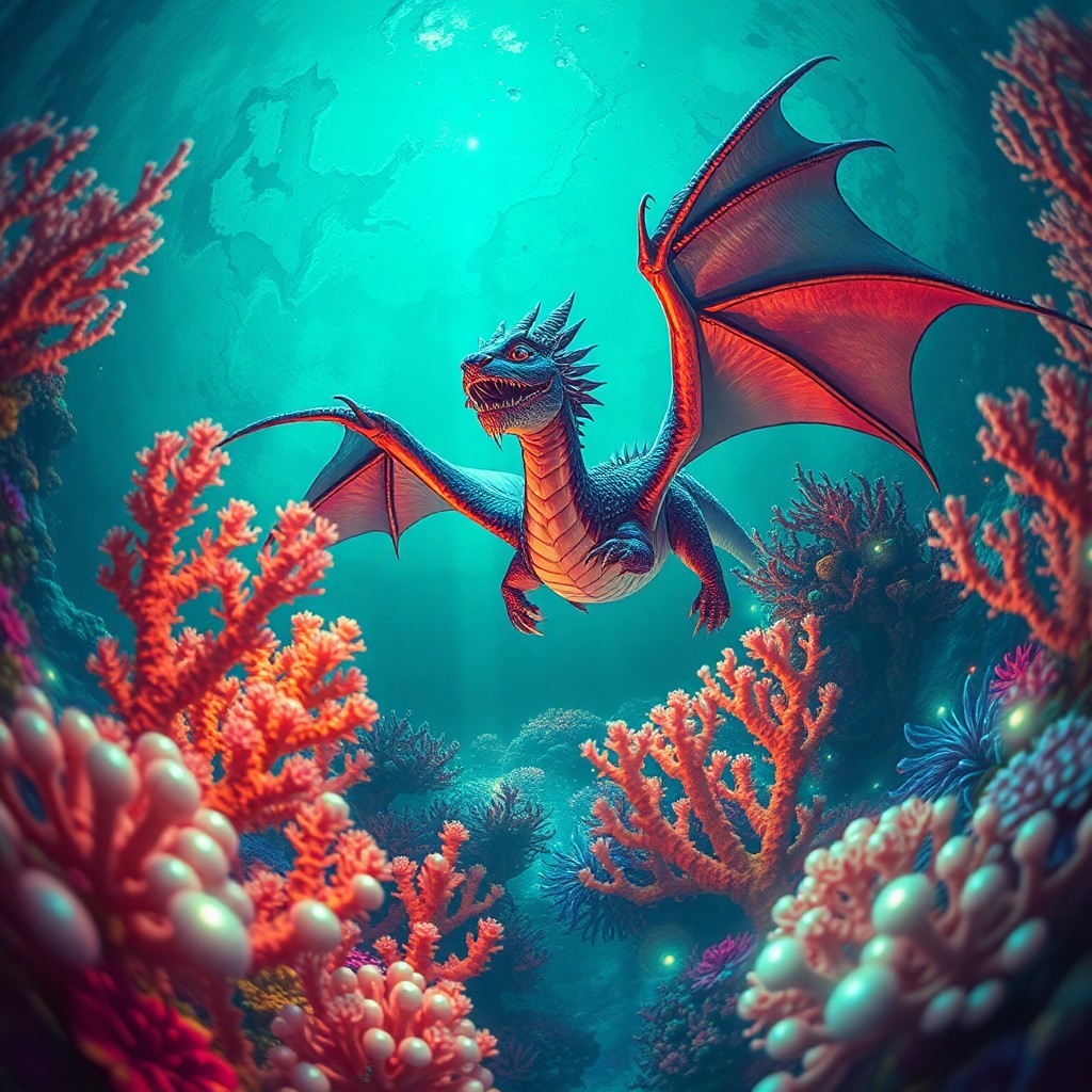 AI generated art for prompt: Visualize an alluring underwater realm where a majestic dragon gracefully navigates through a fantas