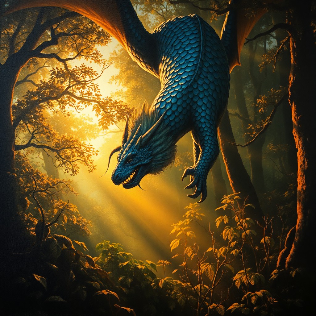 AI generated art for prompt: An immersive oil painting captures a woodland scene from a dragon's vantage point, blending ethereal