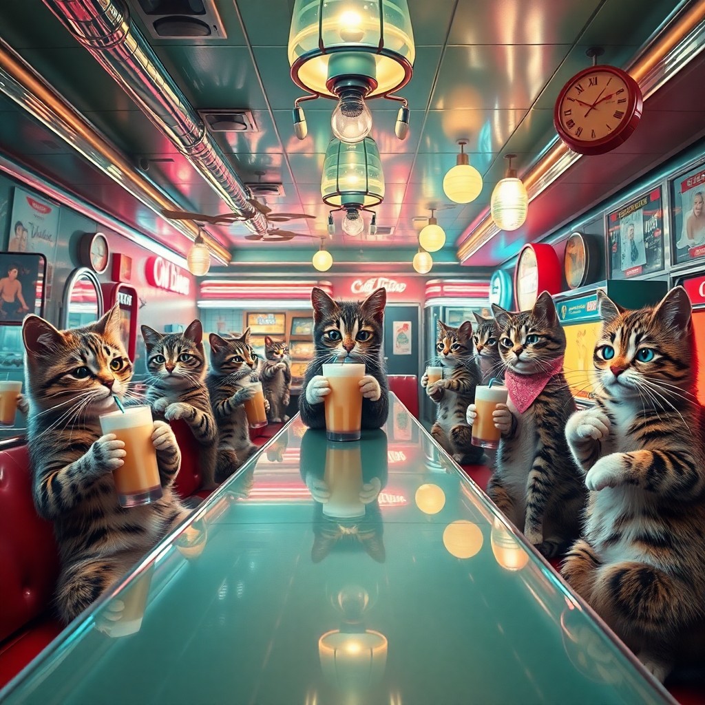 AI generated art for prompt: Immerse yourself in a surreal diner scene viewed from an insect's perspective, where vintage America