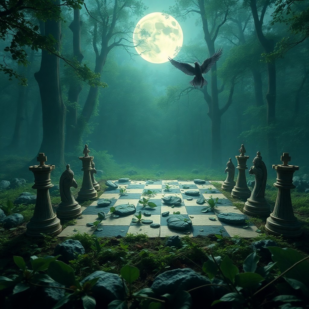 AI generated art for prompt: A surreal digital artwork depicting an expansive chessboard stretched across a verdant forest floor 