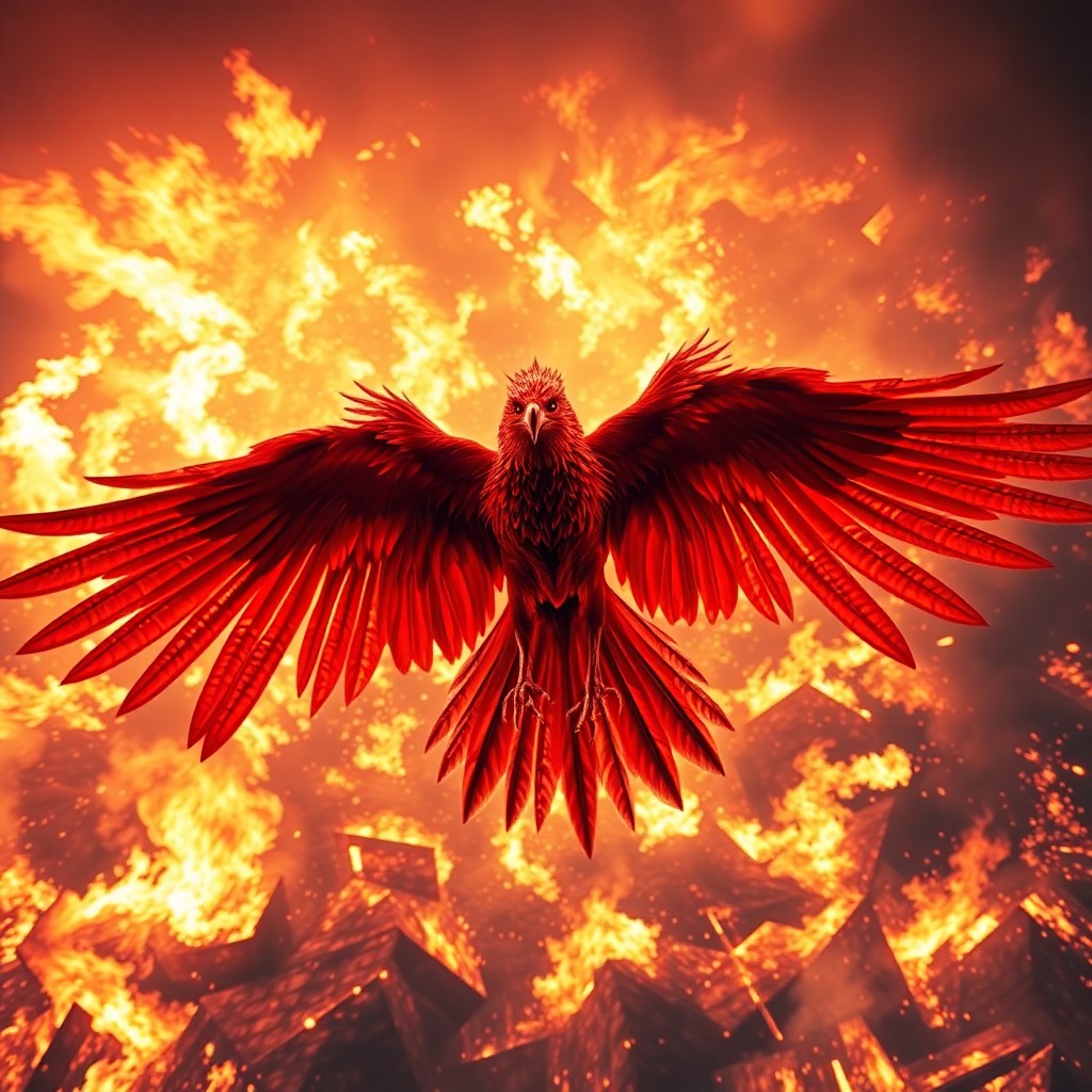 AI generated art for prompt: A magnificent firebird ascends from the heart of an intense conflagration, its brilliant plumage shi