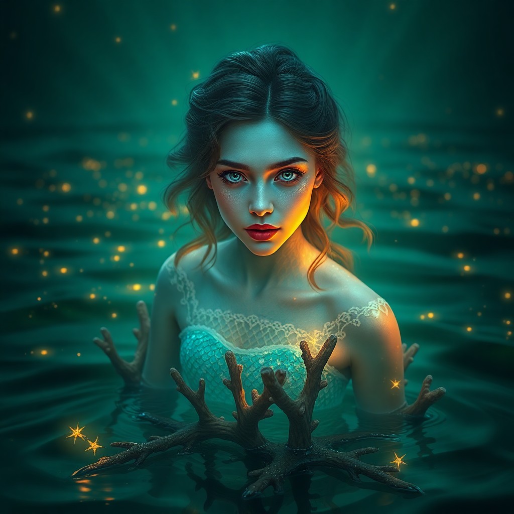 AI generated art for prompt: A captivating portrait reveals the ethereal charm and enigmatic allure of a modern-day sea nymph, in