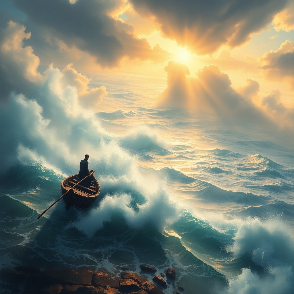 AI generated art for prompt: A breathtaking seascape unfolds from an aerial viewpoint over tumultuous waves, where a lone figure 