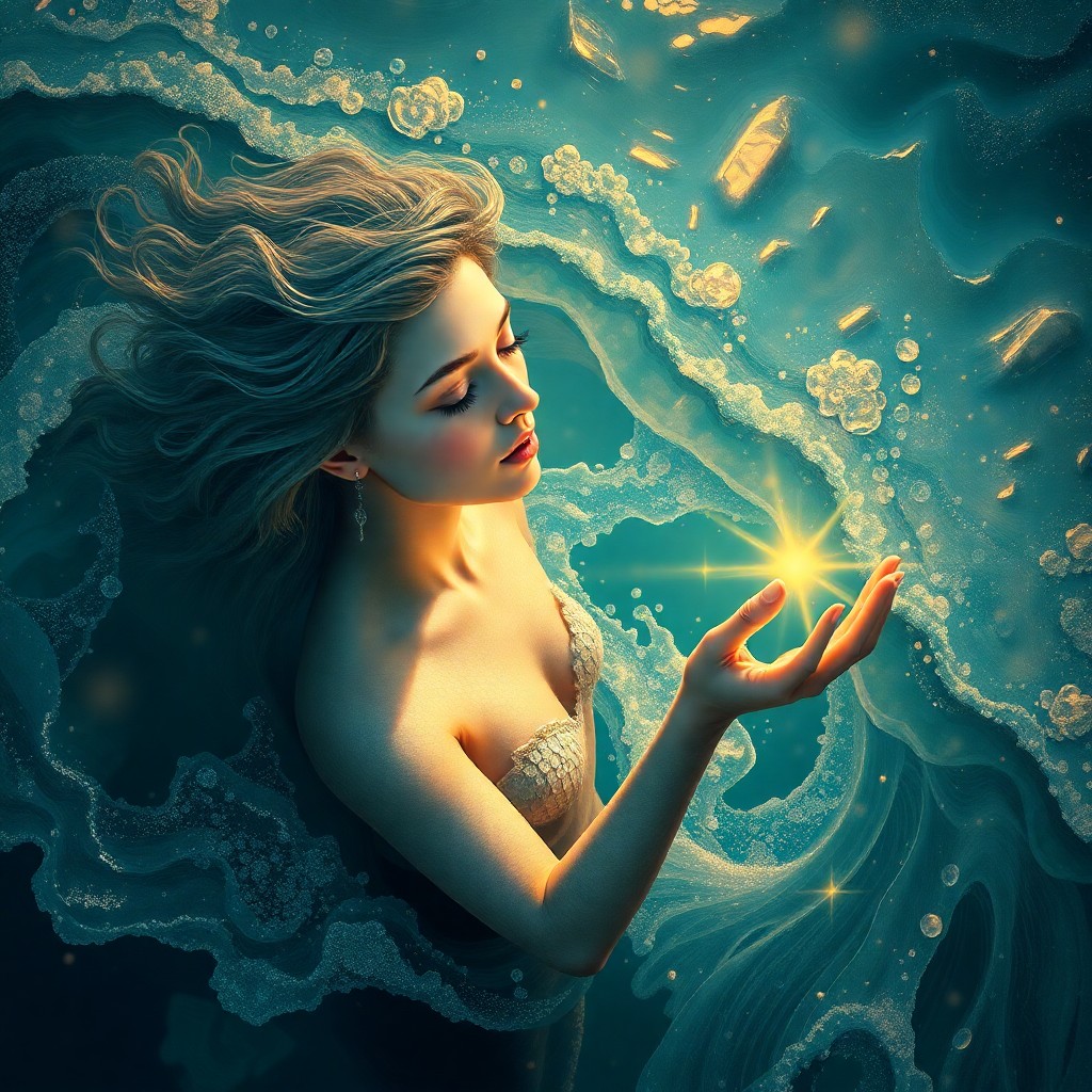 AI generated art for prompt: Visualize an alluring portrait of a magical sea nymph, her glistening scales reflecting colors akin 