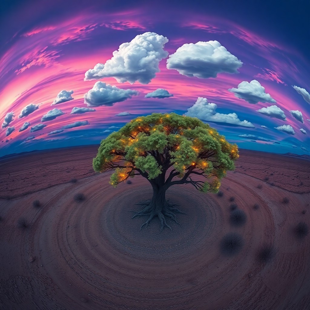 AI generated art for prompt: Envision a surreal landscape where a grand tree adorned with glowing foliage stands isolated against