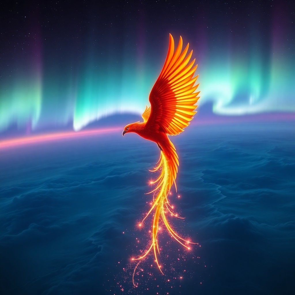 AI generated art for prompt: A mesmerizing digital artwork showcasing a majestic phoenix soaring through an enchanting twilight s