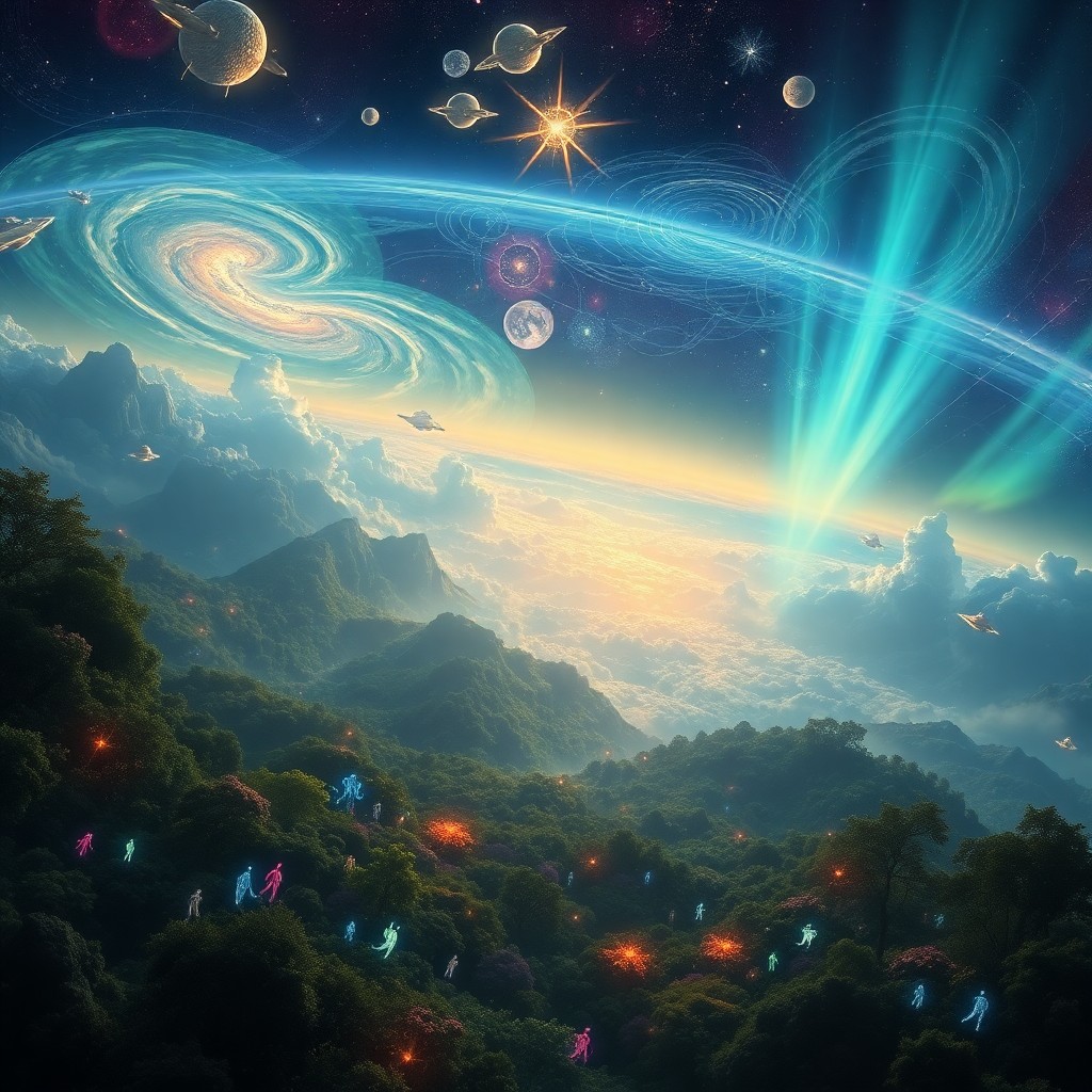 AI generated art for prompt: A mesmerizing digital artwork showcasing an intricate cosmic landscape from an aerial vantage point 