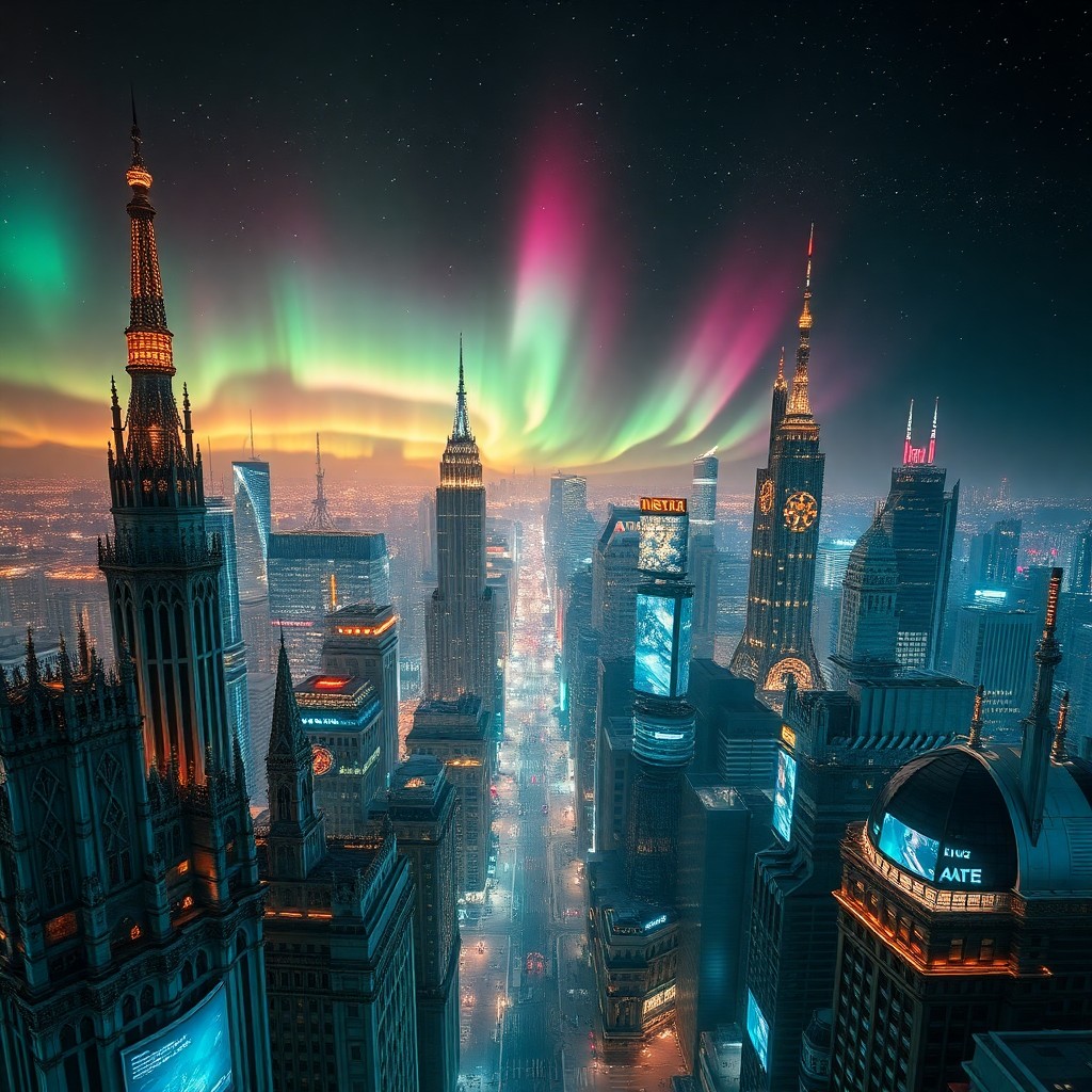 AI generated art for prompt: A surreal digital artwork depicting a bustling metropolis at night from an aerial perspective, showc