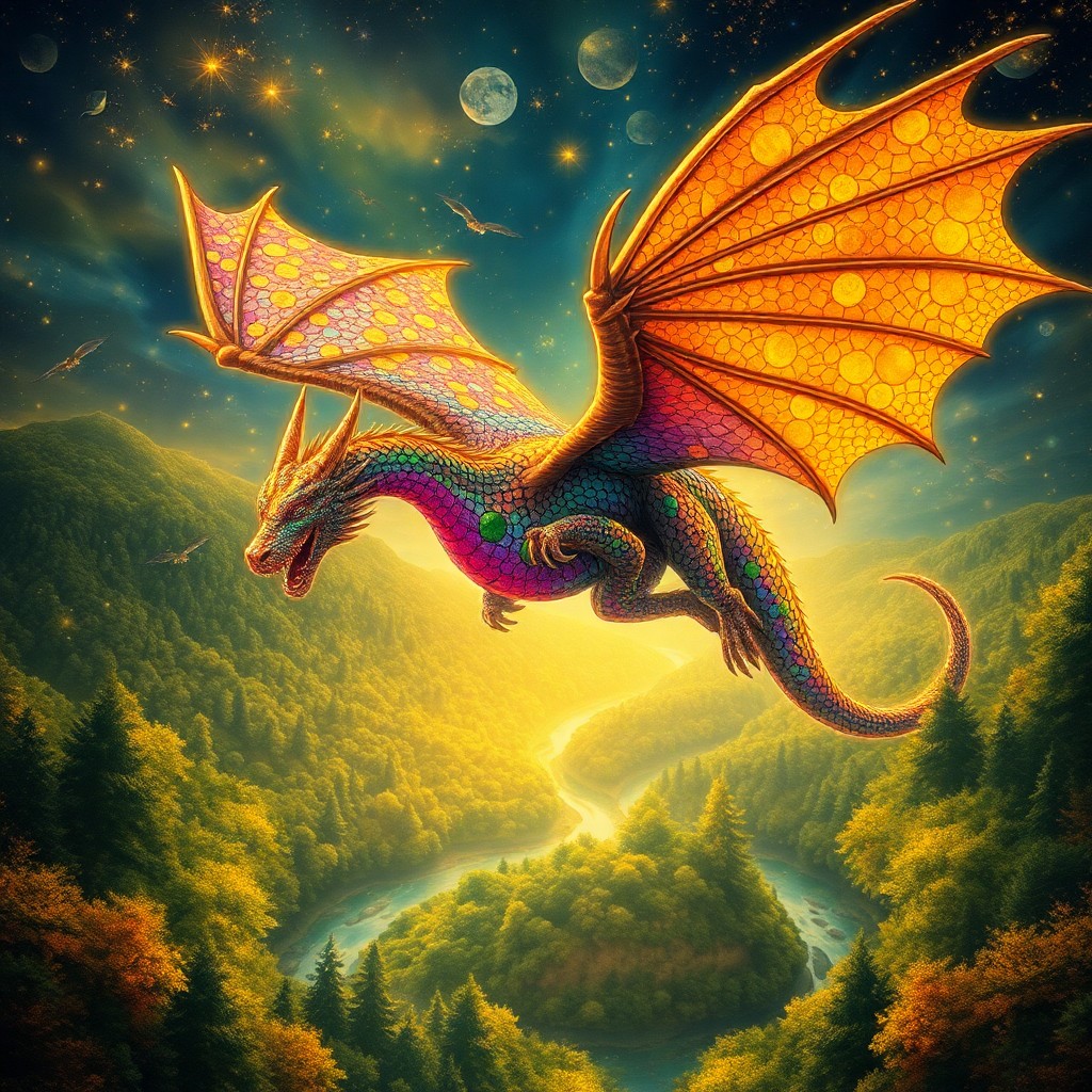 AI generated art for prompt: In this captivating scene, an awe-inspiring dragon with scales shimmering in a kaleidoscope of color