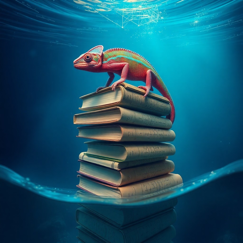 AI generated art for prompt: A surreal digital art portrait depicting a curious chameleon atop a towering stack of books with dis