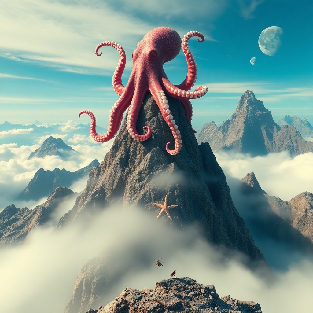 AI generated art for prompt: Imagine a surreal landscape where an octopus gracefully balances atop a mountain peak, its tentacles