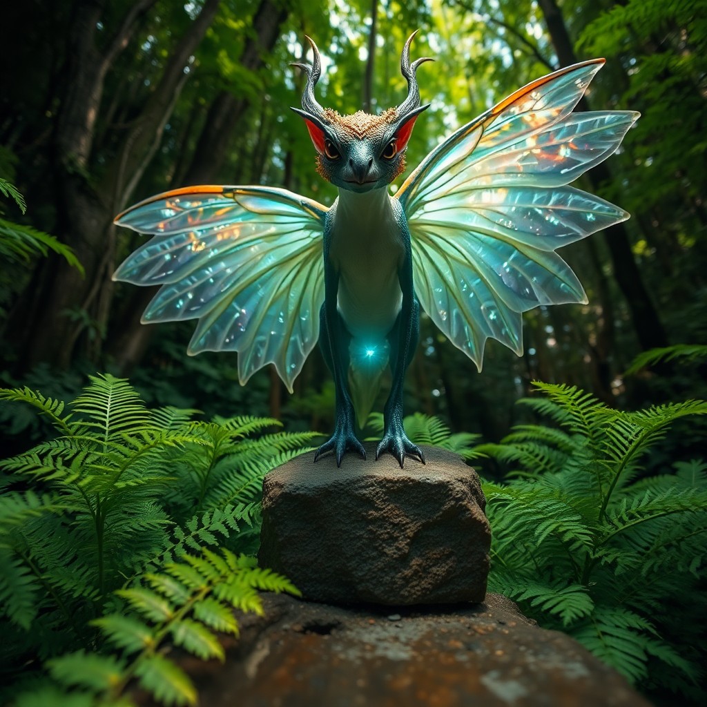 AI generated art for prompt: A mesmerizing portrait of an ethereal being with iridescent wings draws our attention from an unconv