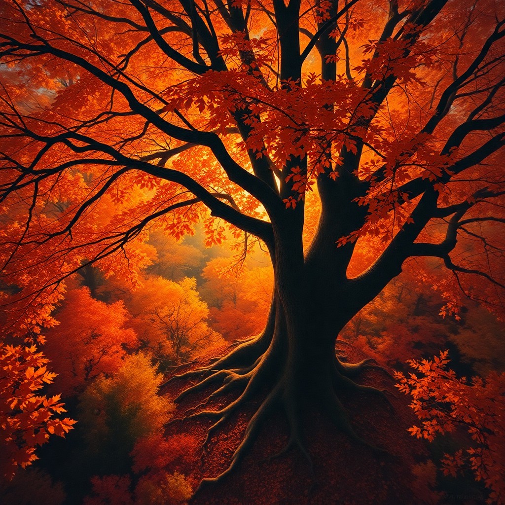 AI generated art for prompt: Create a photorealistic oil painting capturing an autumn forest at dusk from an aerial viewpoint abo