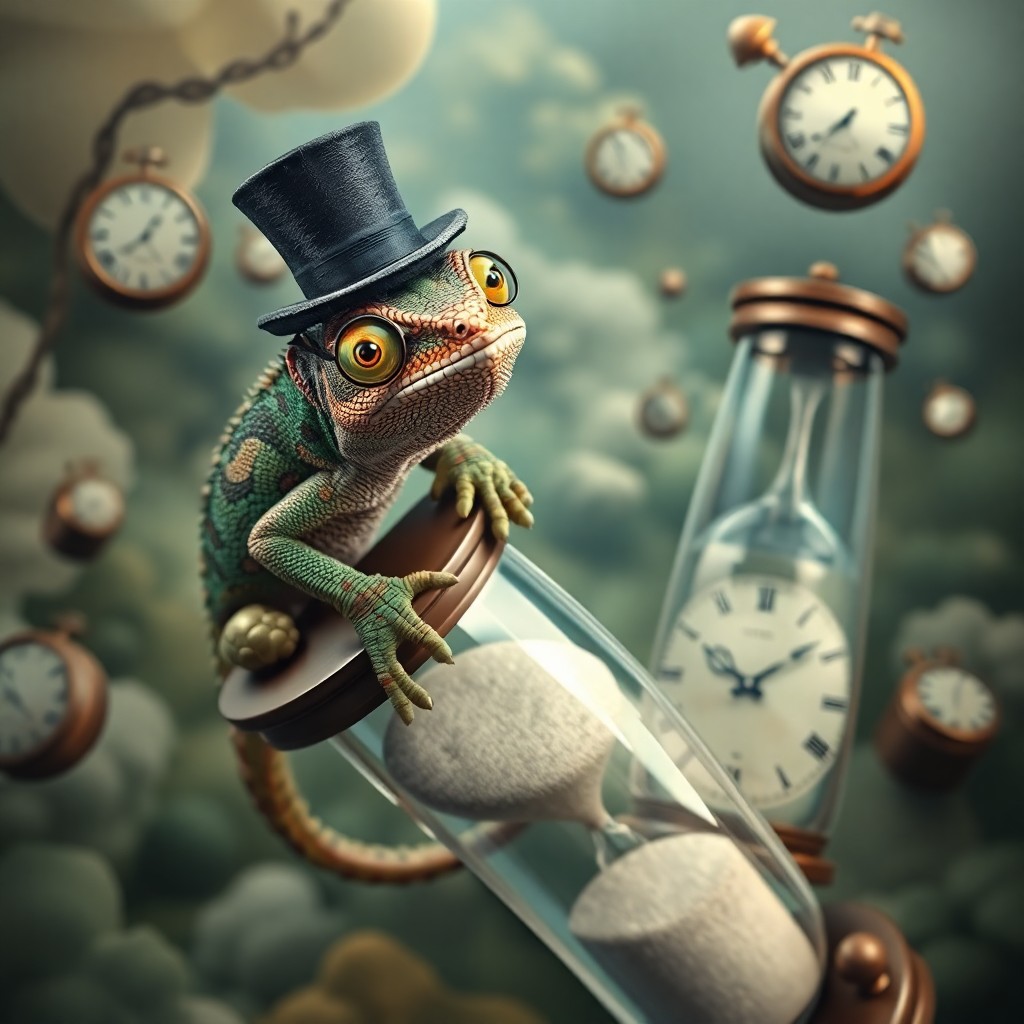 AI generated art for prompt: A whimsical portrait showcasing a mischievous chameleon wearing a tiny top hat and monocle perched o