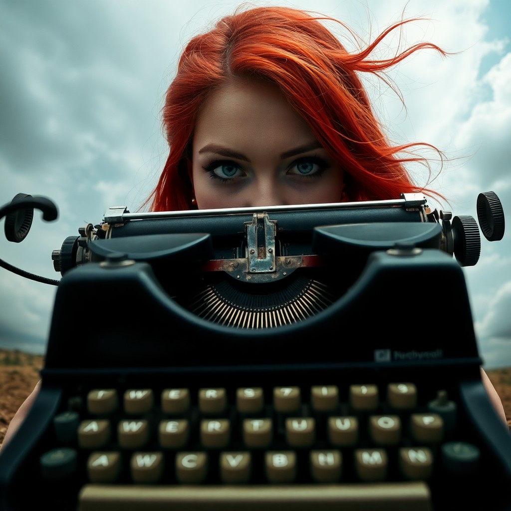 AI generated art for prompt: An enigmatic young woman with vibrant red hair sits at an antique typewriter in a surreal dreamscape