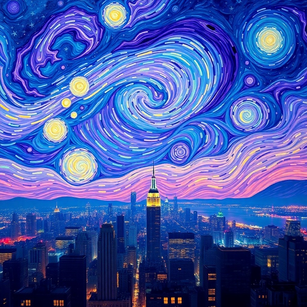 AI generated art for prompt: The image depicts an enigmatic amalgamation between a celestial landscape akin to Van Gogh's renowne