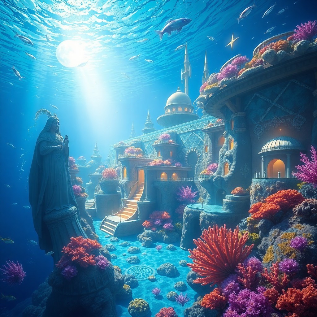 AI generated art for prompt: Imagine an underwater cityscape brimming with spiritual symbolism and surreal artistic flair. From a