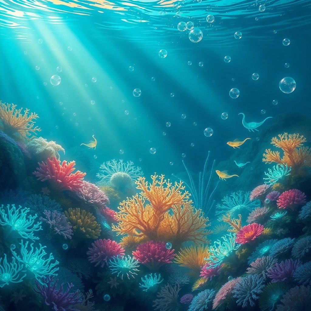 AI generated art for prompt: An enchanting image depicting an underwater garden filled with vibrant coral reefs and bioluminescen