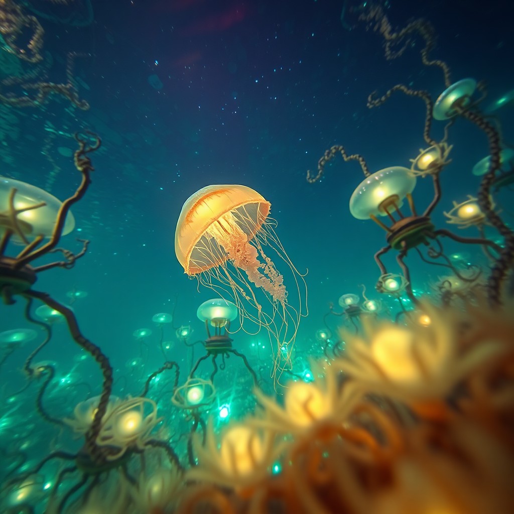 AI generated art for prompt: An ethereal underwater scene in a dreamlike style, featuring a gentle jellyfish gracefully floating 