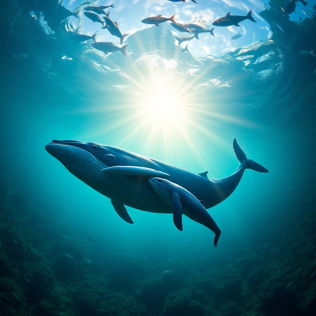 AI generated art for prompt: Imagine an enchanting underwater scene reminiscent of Wyland's captivating marine art, featuring a m