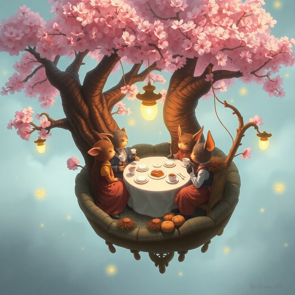 AI generated art for prompt: A whimsical digital painting depicting an enchanting tea party within a surreal floating garden, sus