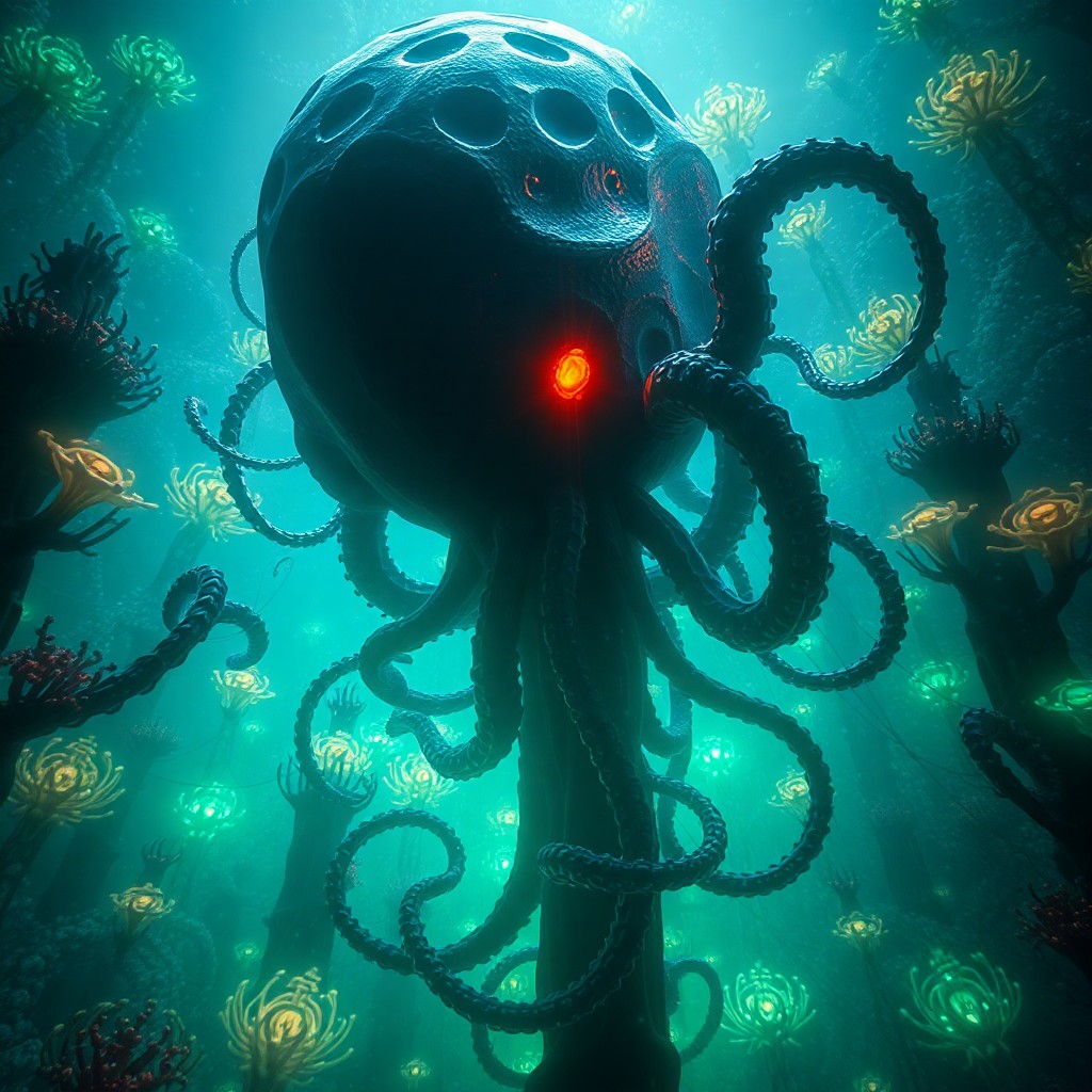 AI generated art for prompt: A mesmerizing digital artwork depicting an enigmatic deep-sea creature's perspective in a haunting u