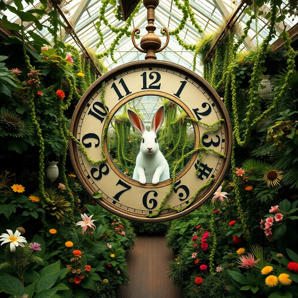 AI generated art for prompt: Create an image depicting a surreal Victorian-era greenhouse filled with exotic plants and flowers, 