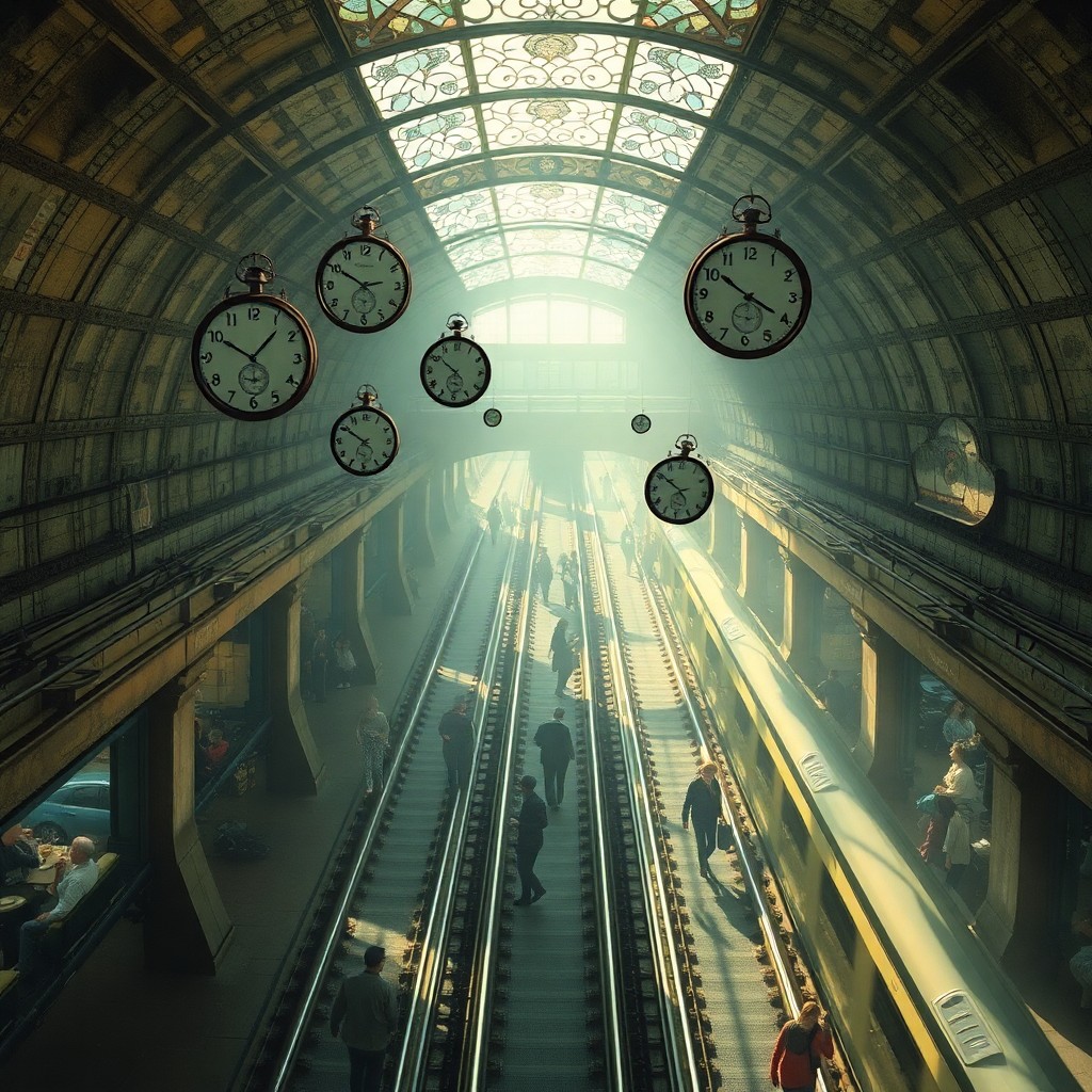 AI generated art for prompt: An aerial view captures a whimsical tea party in an urban subway station's bustling underground. Pas