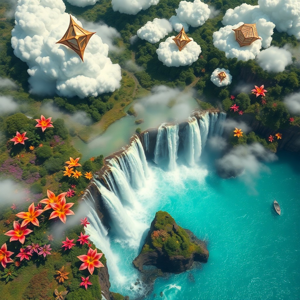 AI generated art for prompt: A bird's eye view reveals an enchanting landscape, where a majestic waterfall cascades into a shimme