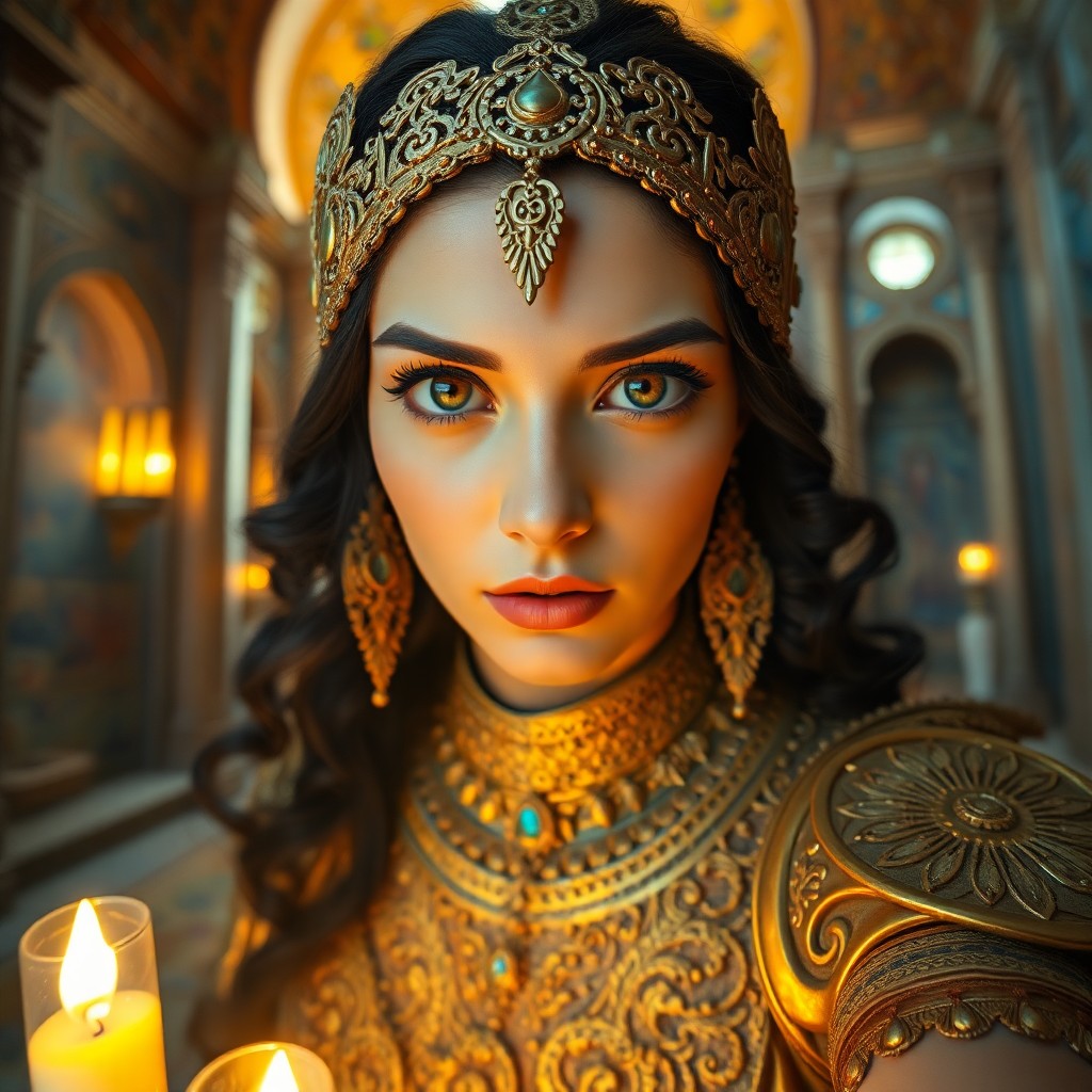 AI generated art for prompt: An Art Nouveau-inspired portrait captures an alluring Persian sorceress with captivating eyes and in