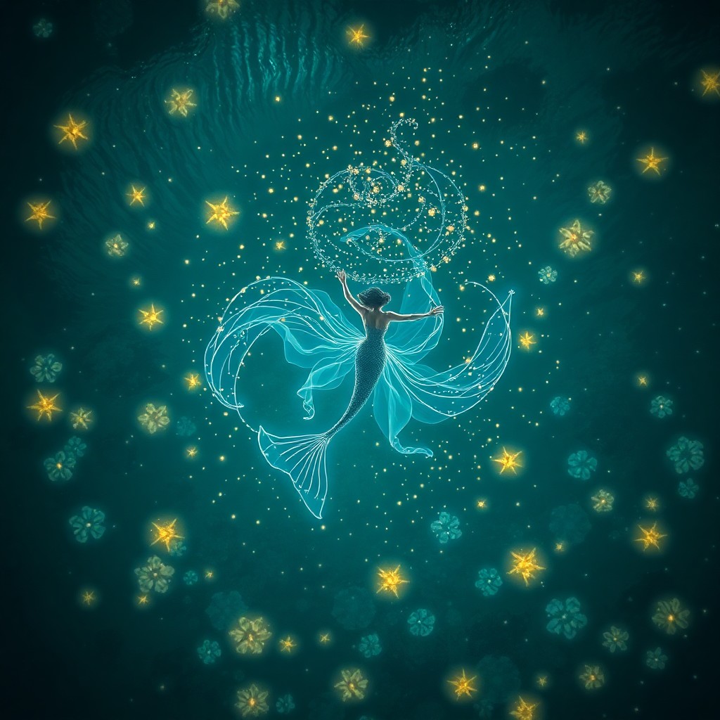 AI generated art for prompt: An aerial view above a tranquil underwater realm, where bioluminescent flora casts an enchanting glo