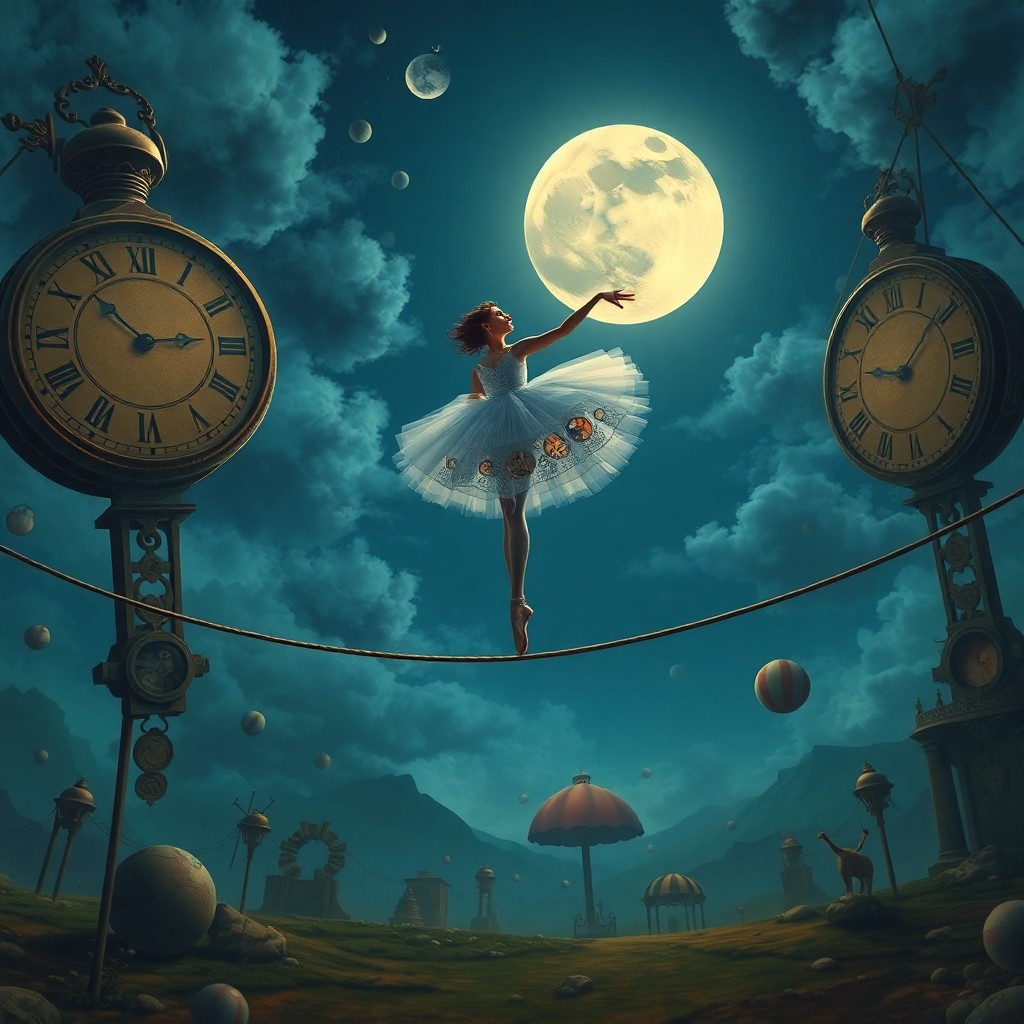 AI generated art for prompt: A surreal digital illustration depicting an enchanting circus performance under a moonlit sky, remin