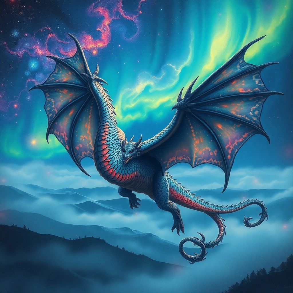 AI generated art for prompt: A majestic dragon, its scales shimmering with an iridescent palette reminiscent of swirling galaxies