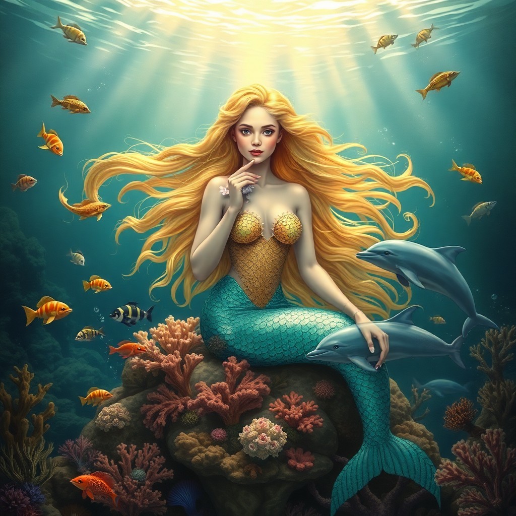 AI generated art for prompt: A tranquil aquatic scene reminiscent of Renaissance masterpieces, featuring an elegant mermaid with 