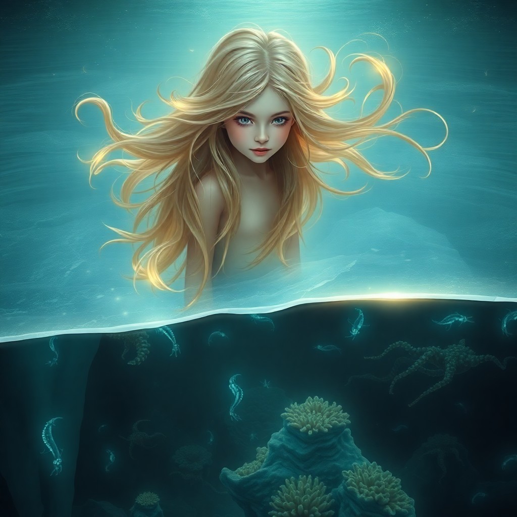 AI generated art for prompt: A dreamlike seascape portrait in the surreal style, featuring a young girl with golden hair standing