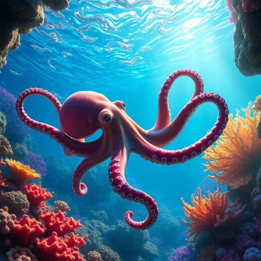 AI generated art for prompt: Visualize an intricate digital artwork portraying an underwater oasis viewed from an octopus's persp