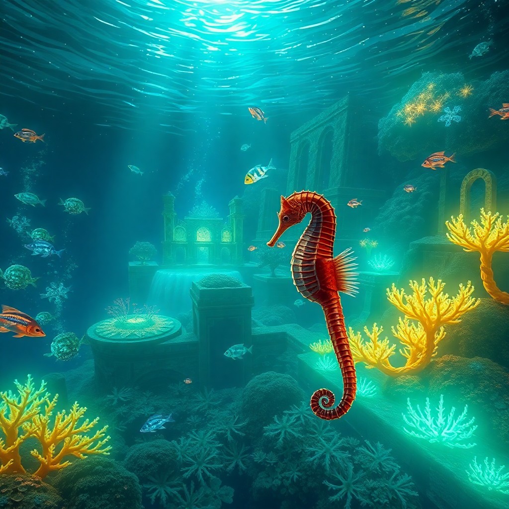 AI generated art for prompt: An enchanting digital artwork depicting an underwater haven illuminated by bioluminescent flora and 