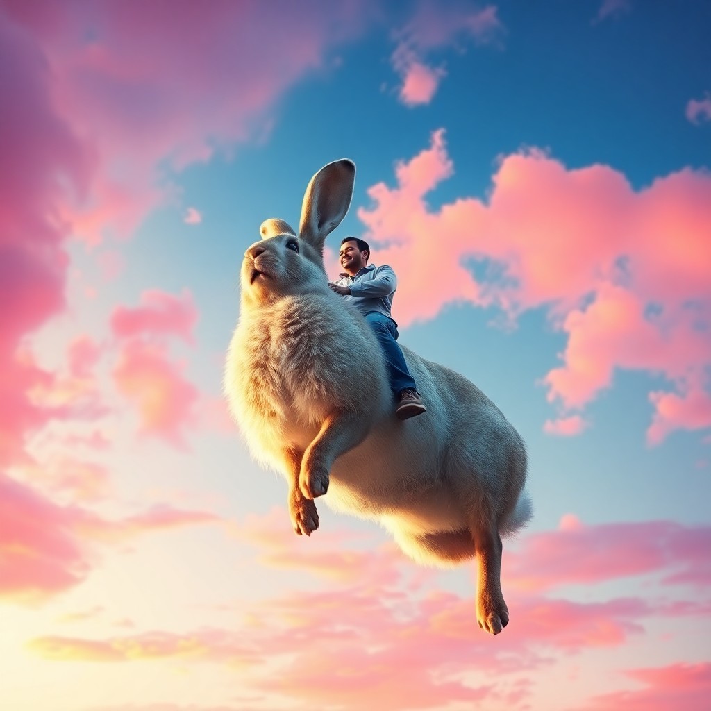 AI generated art for prompt: A surreal digital artwork captures a man peacefully riding an oversized rabbit through a vividly col