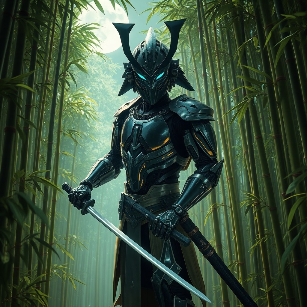 AI generated art for prompt: Depict an otherworldly digital portrait of a futuristic cyborg samurai amidst a tranquil bamboo fore