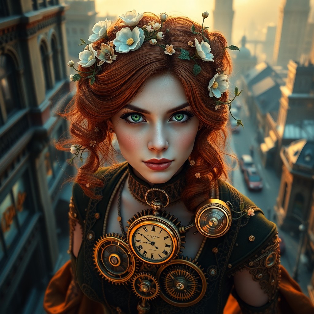 AI generated art for prompt: A captivating digital artwork fuses Art Nouveau with steampunk motifs, portraying an enigmatic woman