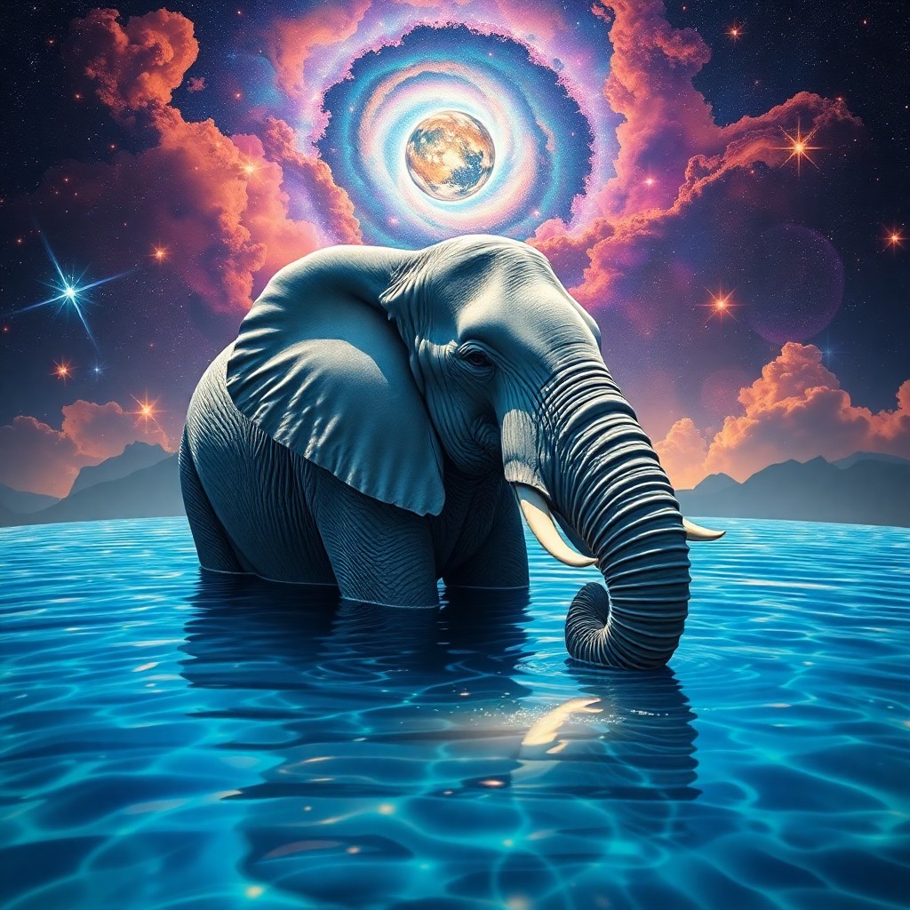 AI generated art for prompt: Envision an enchanting tableau in the surrealist vein, where a stately elephant, partially immersed 