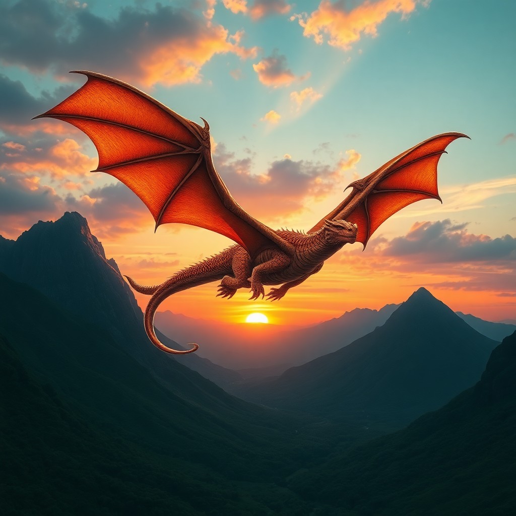 AI generated art for prompt: A majestic dragon soars through a breathtaking sunset sky, its scales shimmering with hues of gold a