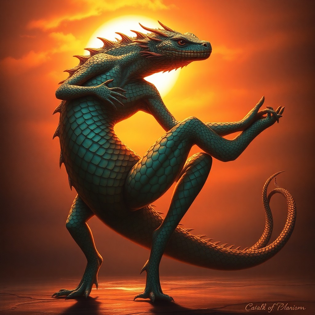 AI generated art for prompt: A captivating portrait showcases an enigmatic creature with scales shimmering under the warm glow of