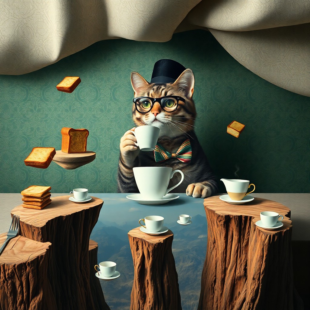 AI generated art for prompt: A surrealistic portrait featuring a dapper feline in top hat and monocle, sipping tea amidst floatin