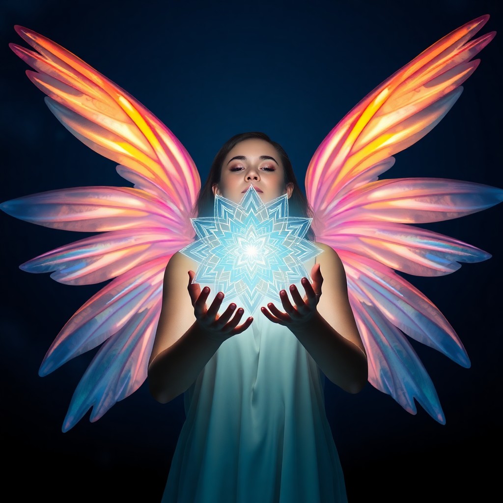 AI generated art for prompt: A young woman with luminescent, iridescent wings embraces a levitating, crystalline mandala orb in h